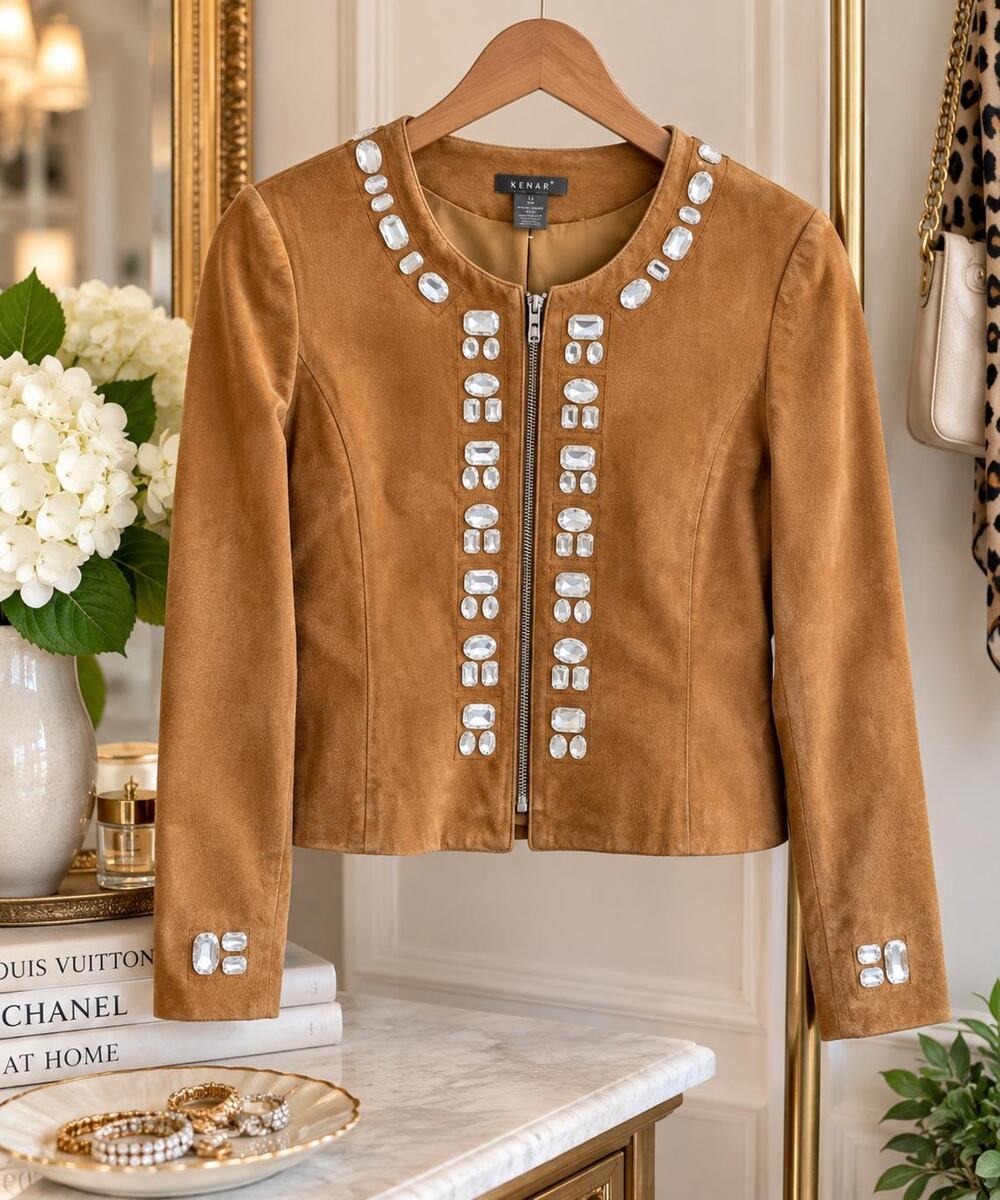 Vintage KENAR Suede Leather Jacket: Crystal Rhinestone Embellished Y2K Statement